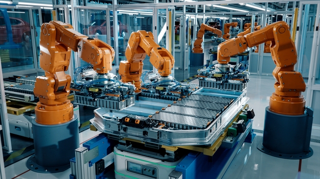 Battery pack on an automated production line.