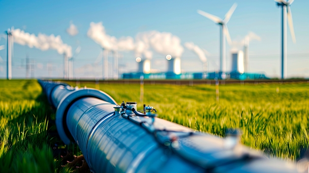 Hydrogen pipeline with wind turbines in the background