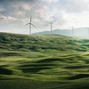 Windmills in green fields