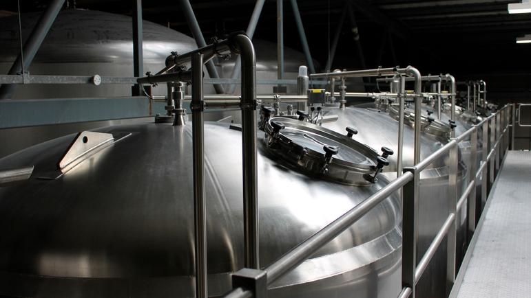 Brewing tanks inside Bath Ales Hare Brewery